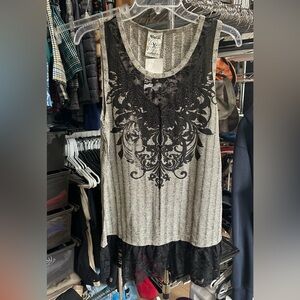 Vocal Black & Cream Lace-Hem Tank with Beaded Neckline